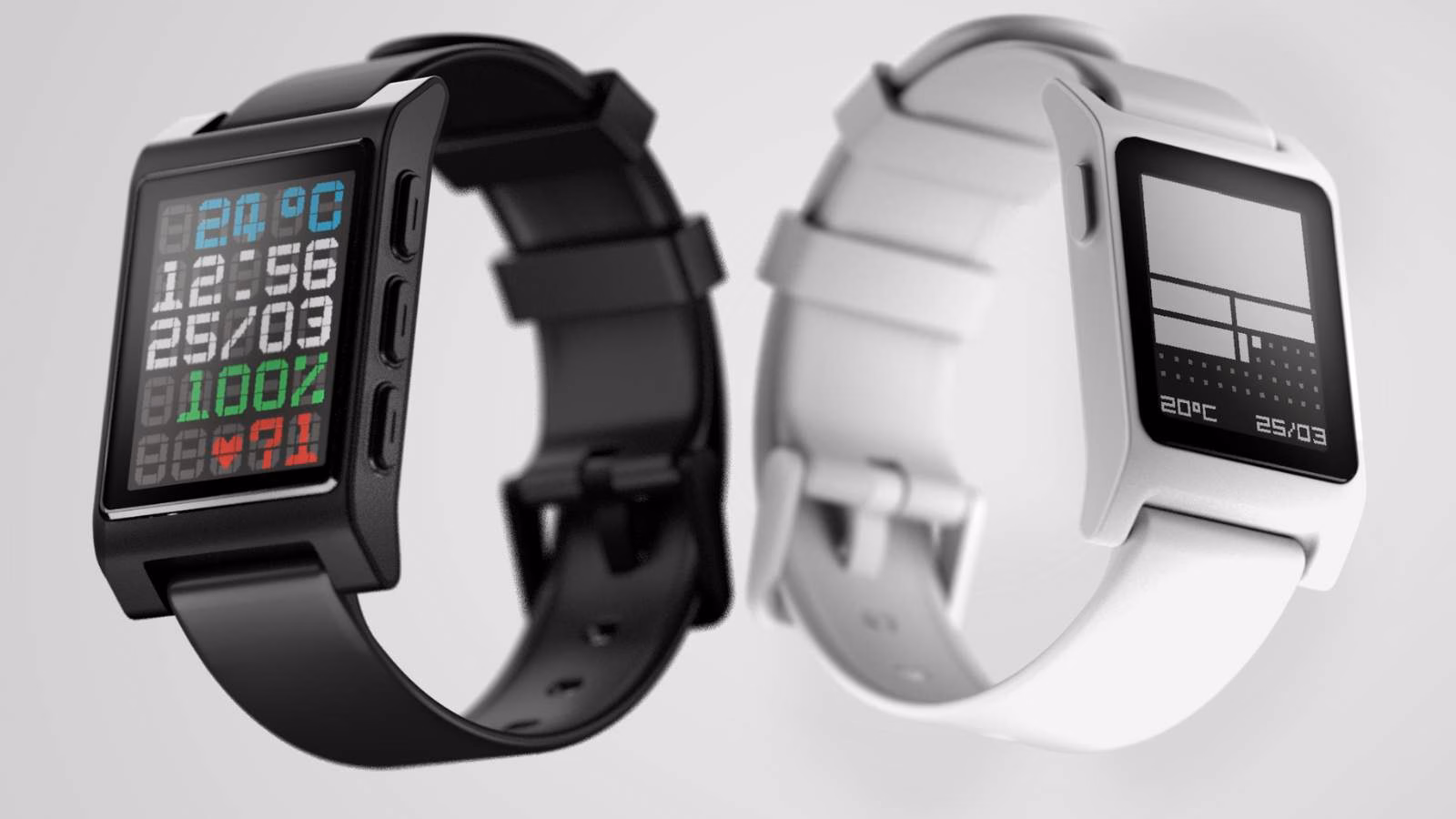Two smartwatches displaying different screens, black and white.