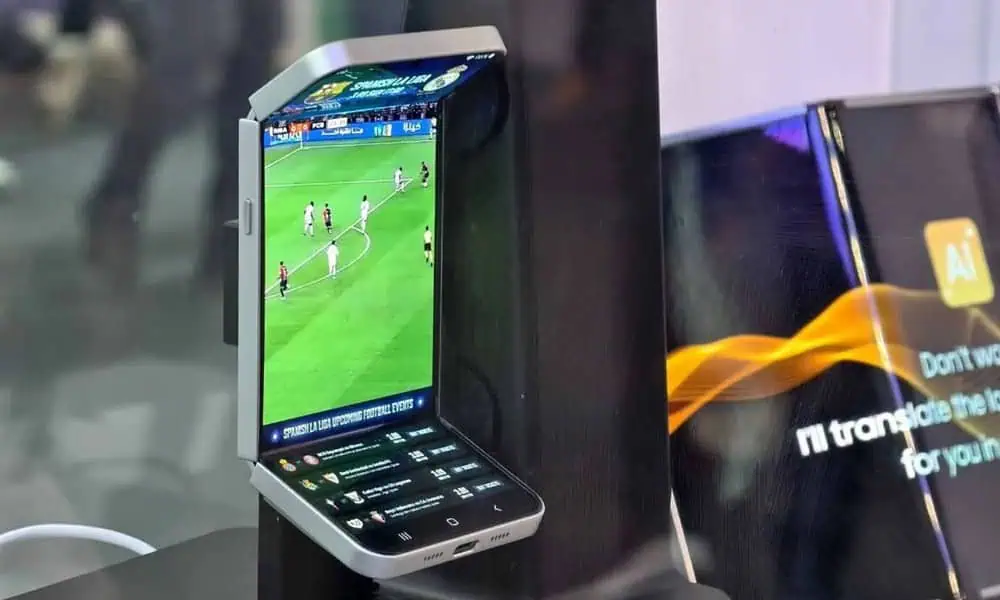 Foldable phone displaying a soccer match