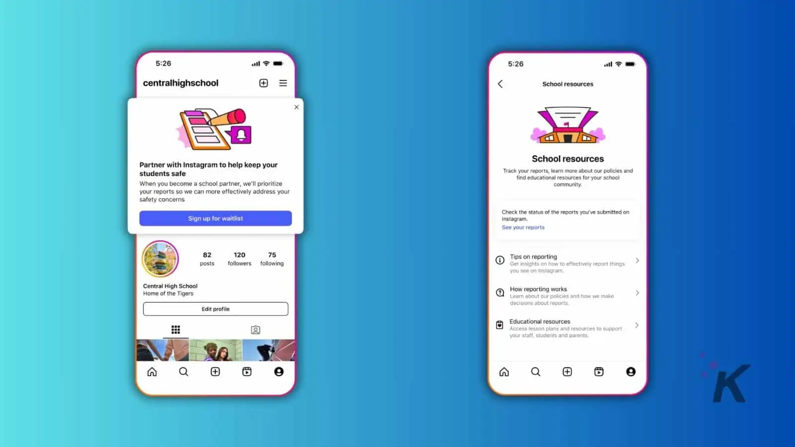 Instagram's school safety and resource features on mobile.