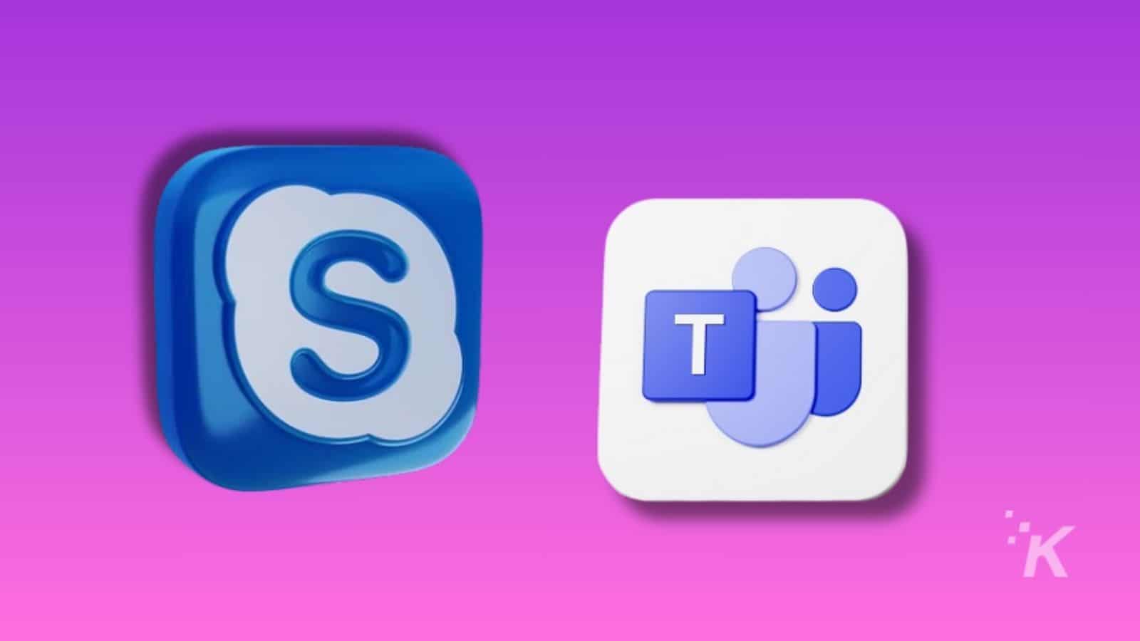 Skype and Microsoft Teams logos on pink background.