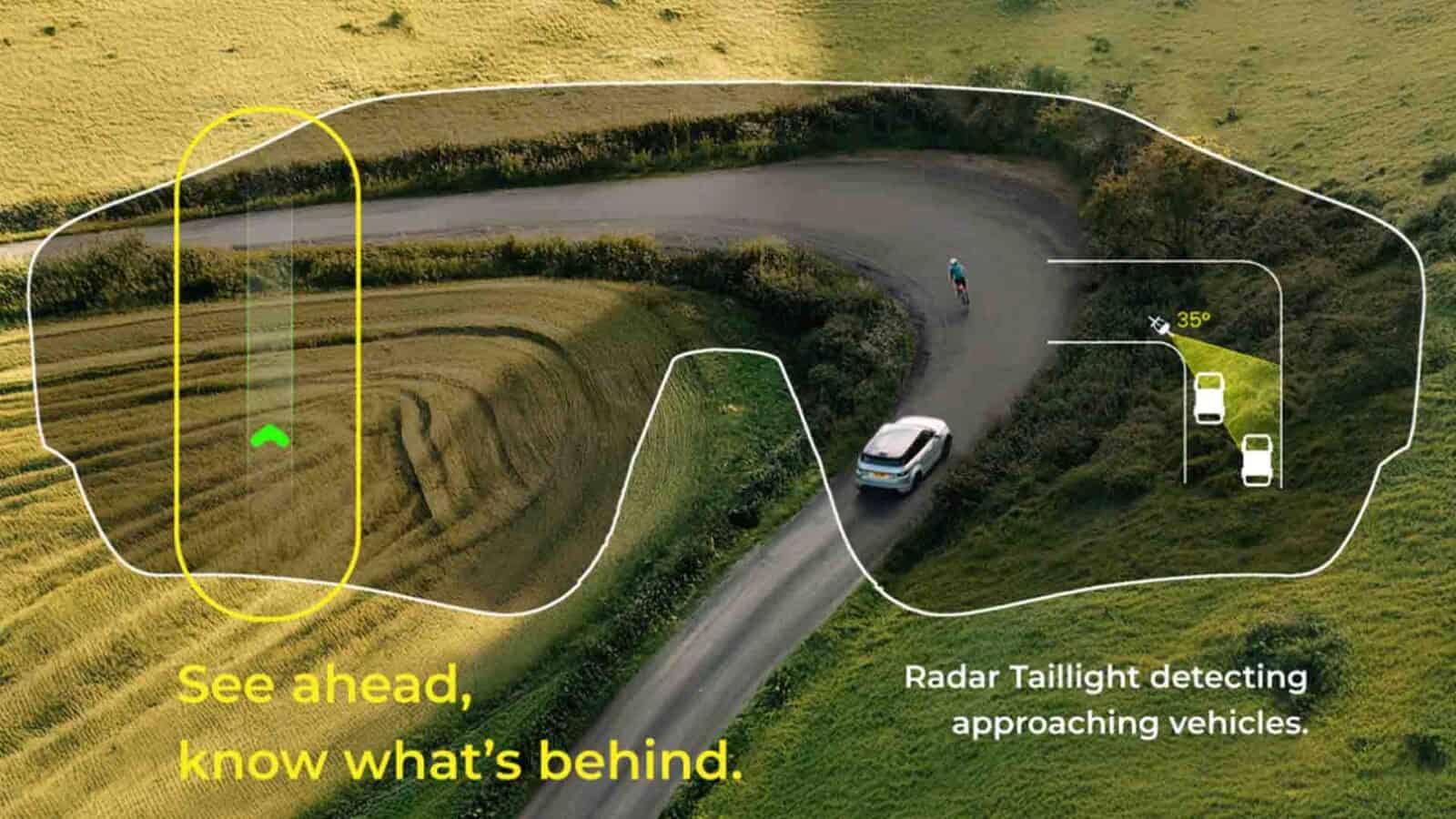 Smart taillight detects vehicles on scenic country road. CYBERSIGHT Guardian Hud