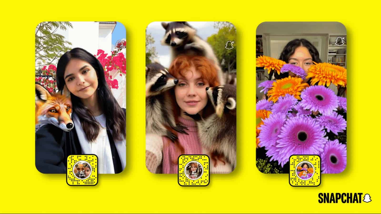 Snapchat AI lenses: fox, raccoons, flowers.