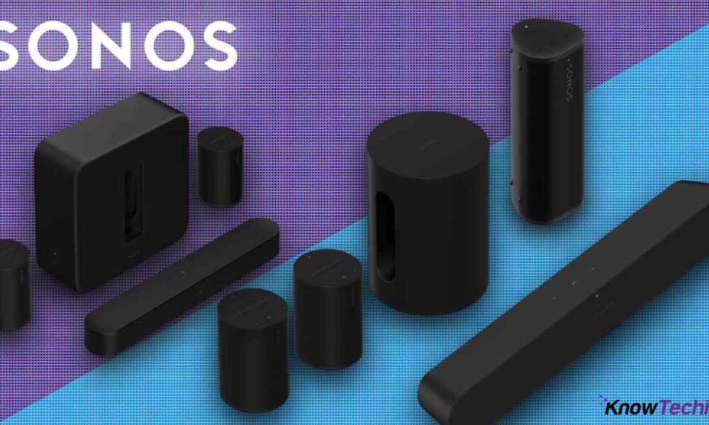 Sonos speakers and soundbars on colorful background.