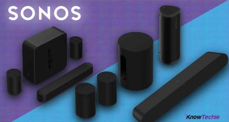 Sonos speakers and soundbars on colorful background.