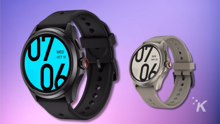 Two smartwatches with colorful displays on purple background.