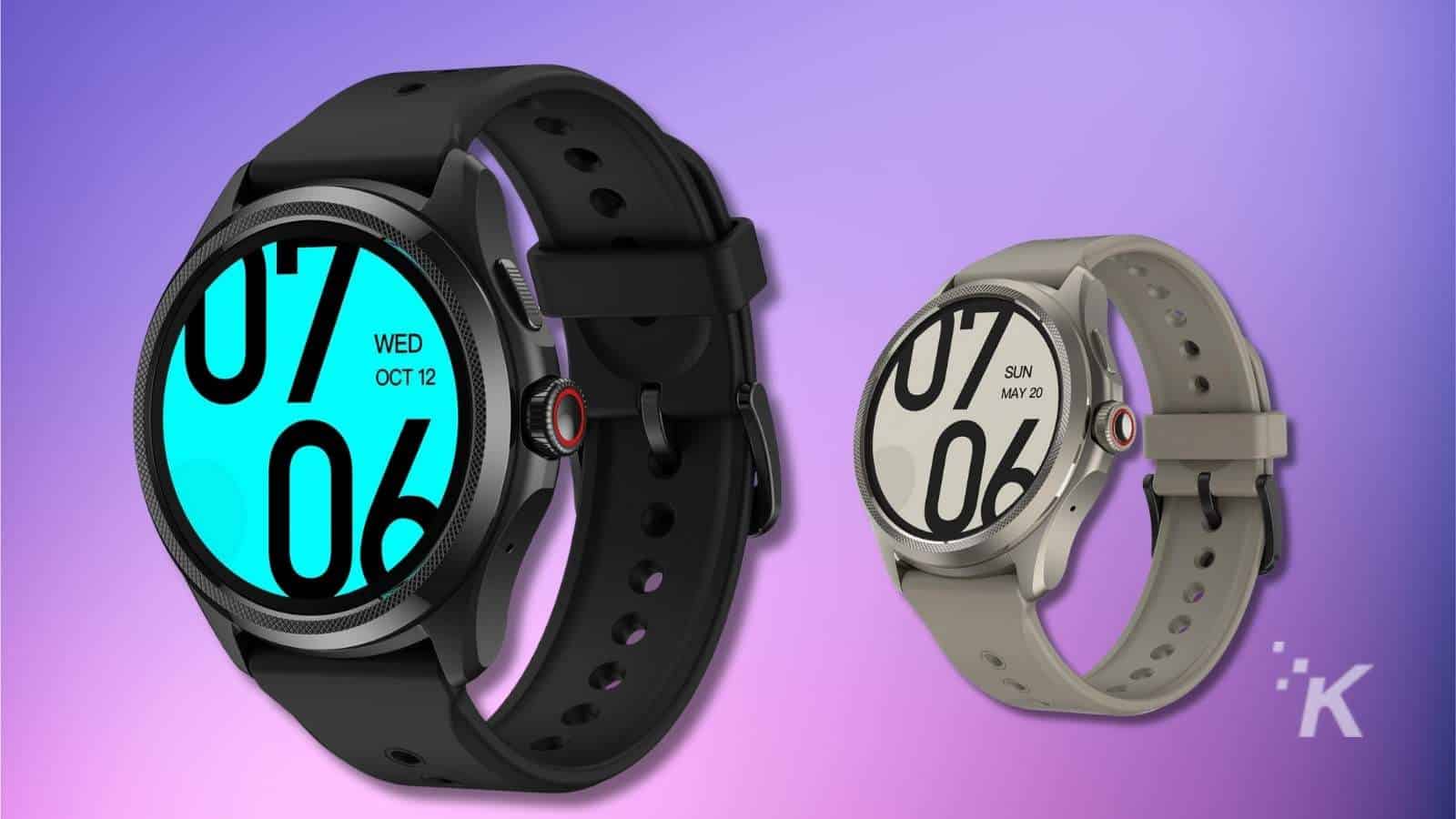 Two smartwatches with colorful displays on purple background.