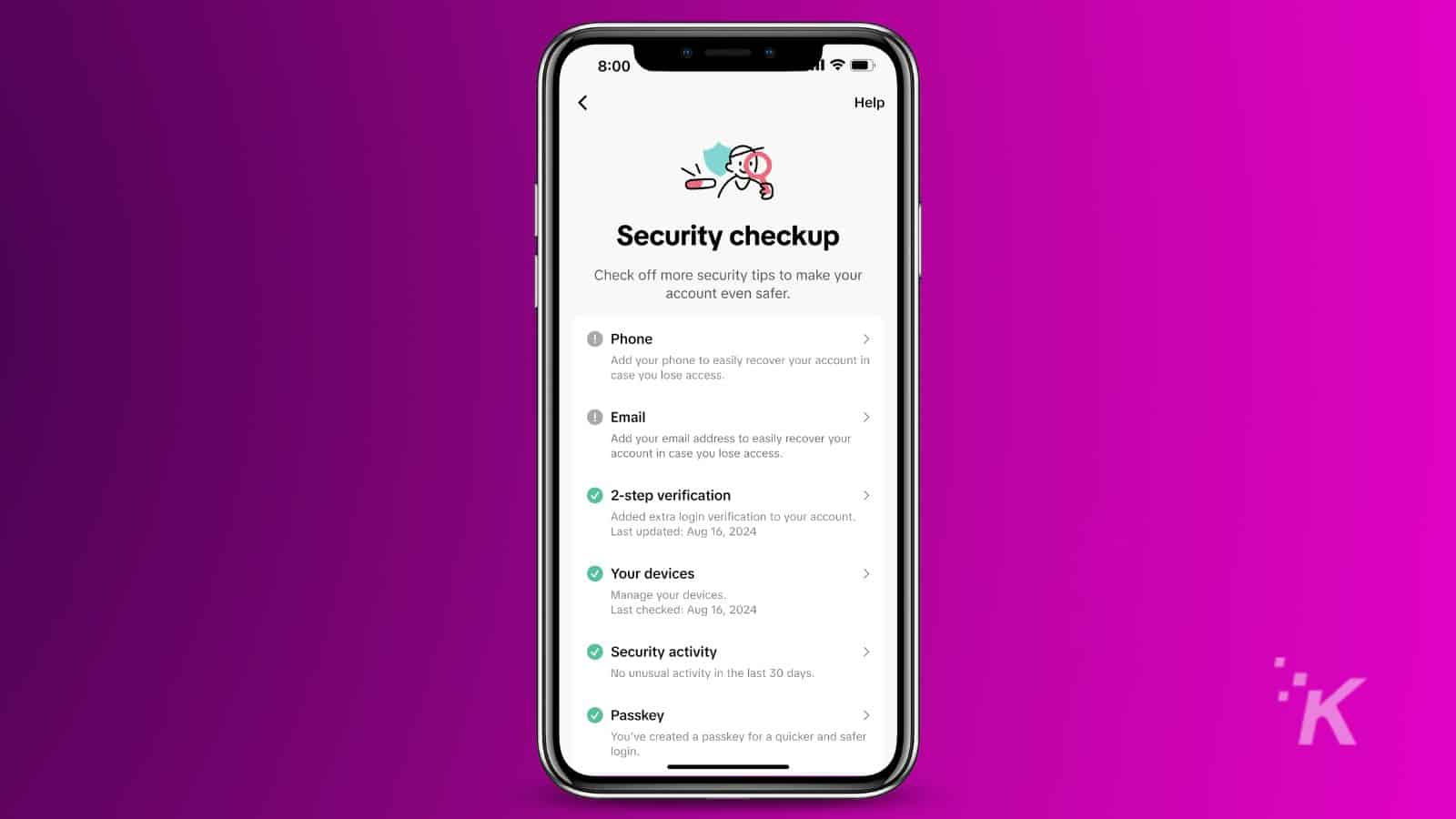 Smartphone displaying security checkup tips.