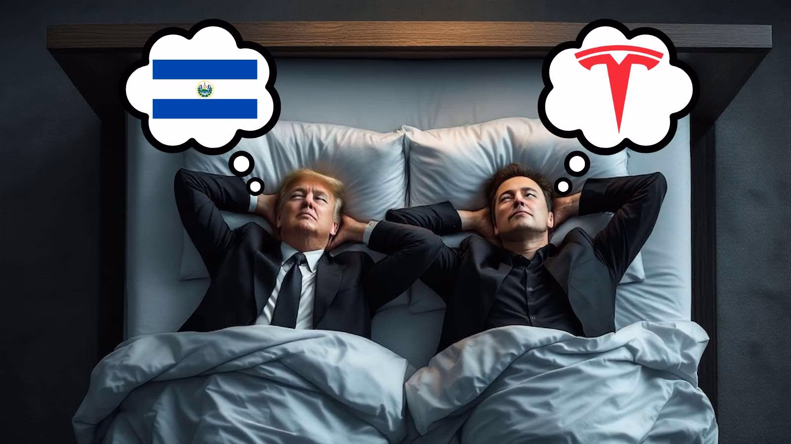 Two men in bed with thought bubbles.