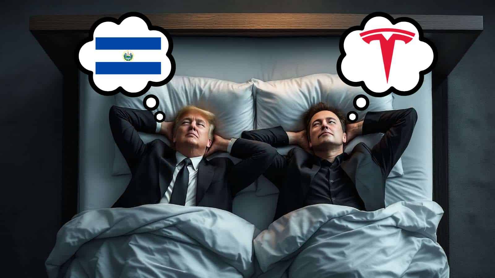 Two men in bed with thought bubbles.