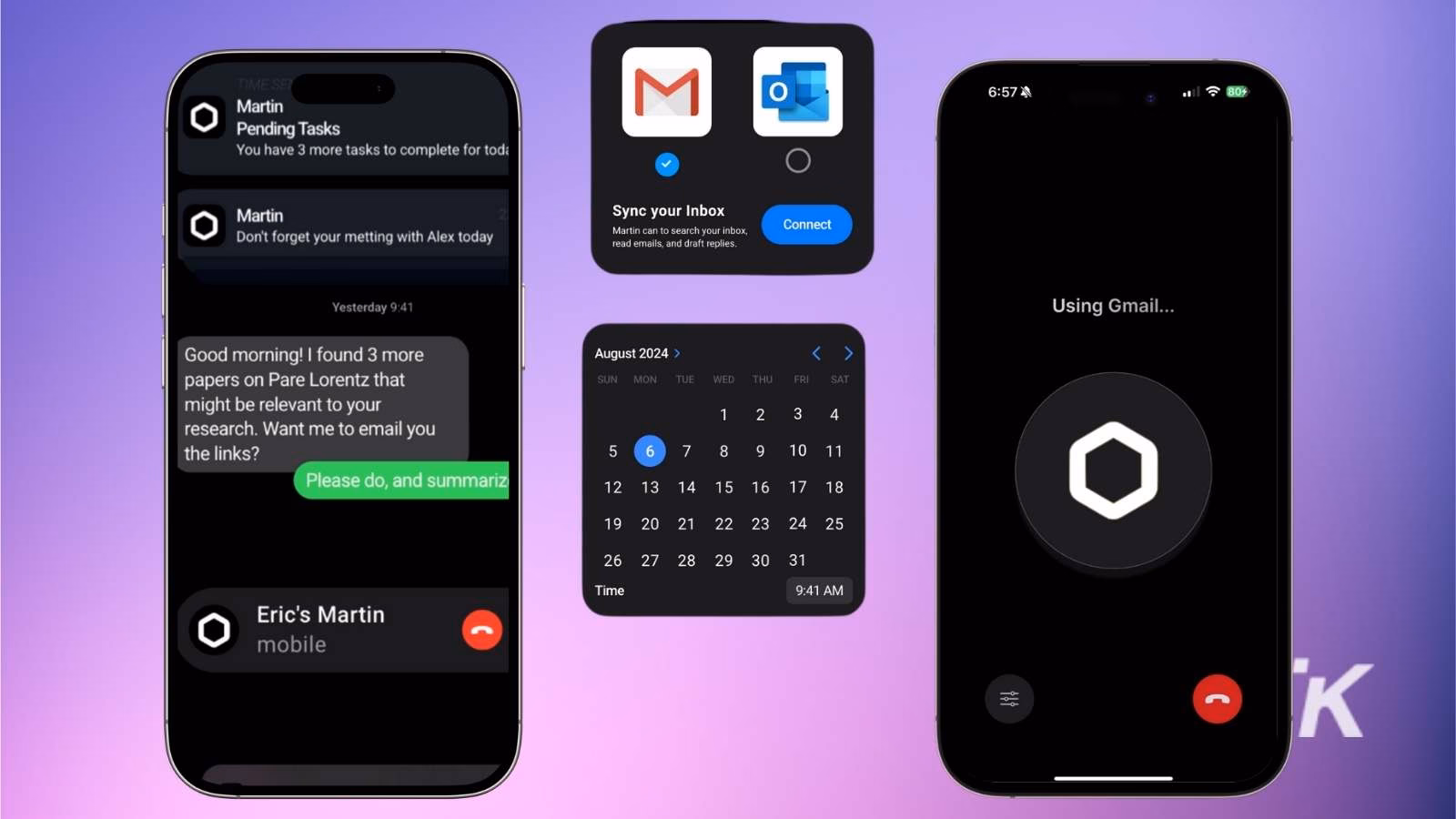 Smartphone interface with messages, calendar, and email sync.