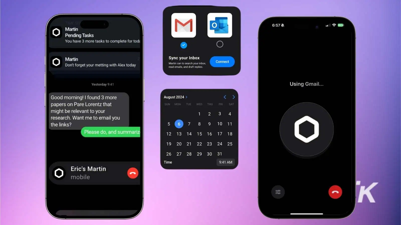 Smartphone interface with messages, calendar, and email sync.