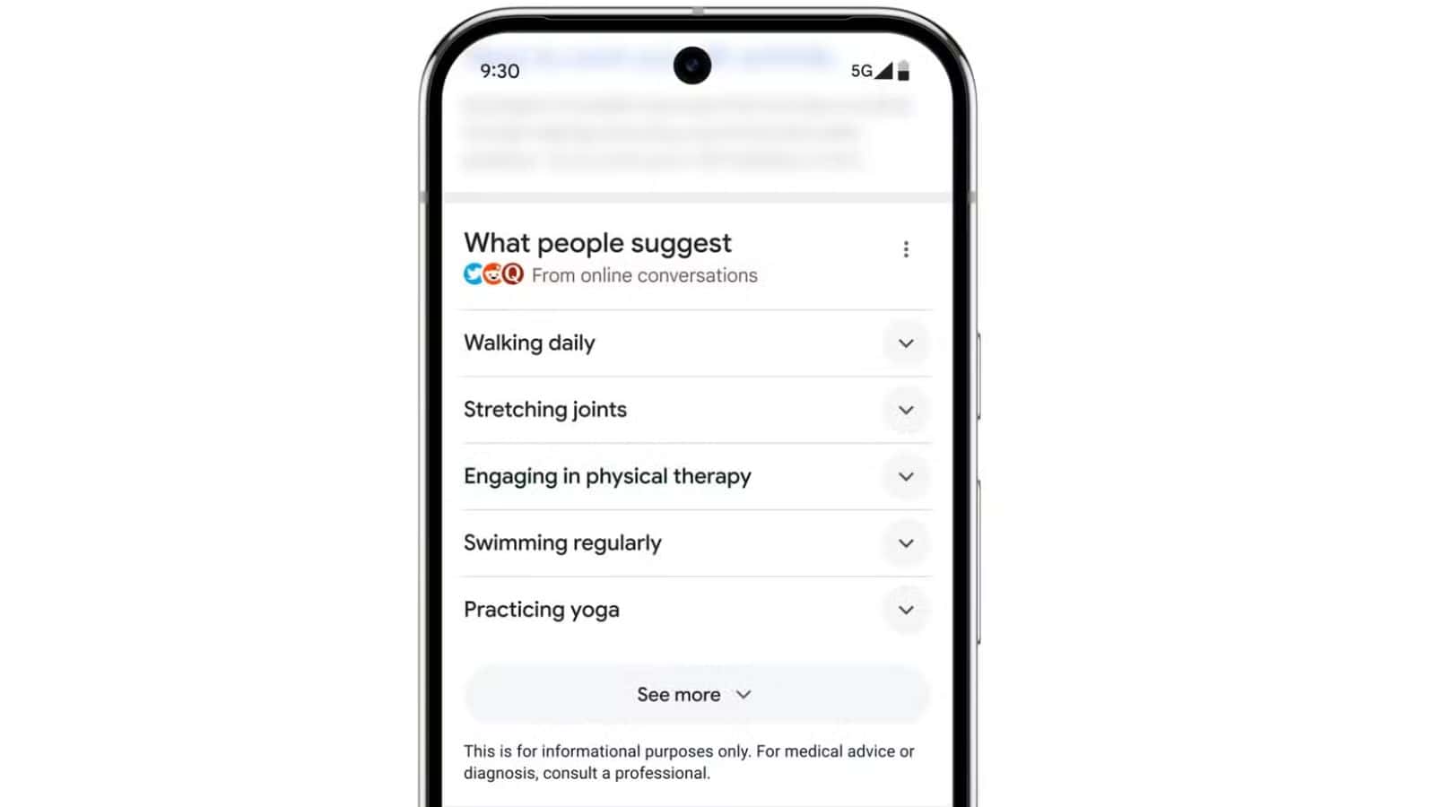 Mobile screen showing exercise suggestions for health.
