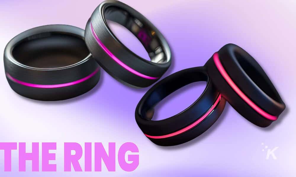 Black rings with pink light accents on display