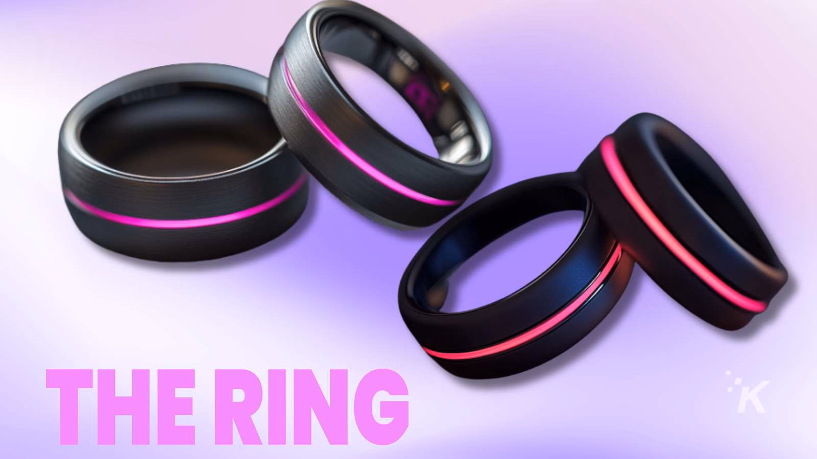 Black rings with pink light accents on display