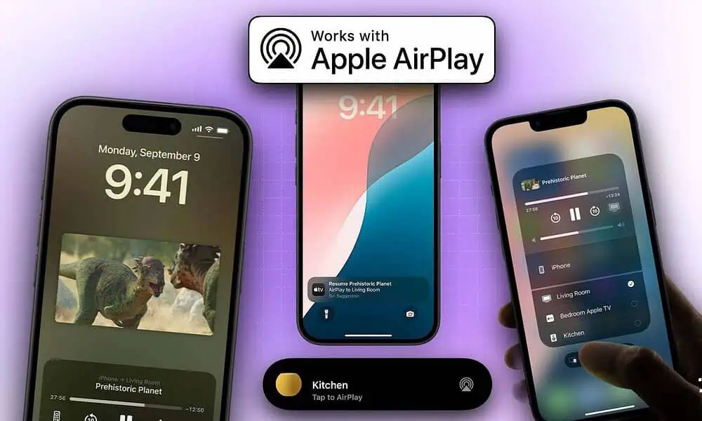 Apple AirPlay on iPhones with media control interface.