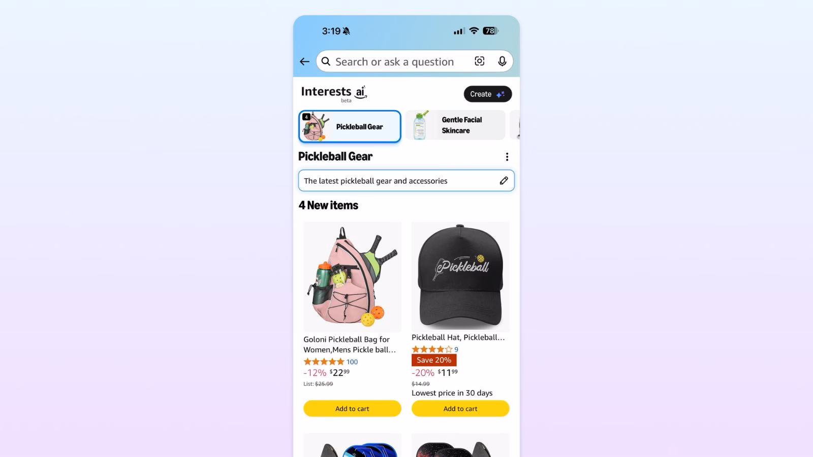 Pickleball gear and accessories shopping interface