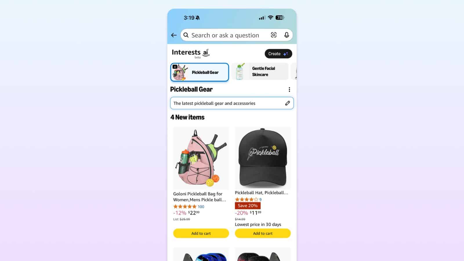 Pickleball gear and accessories shopping interface