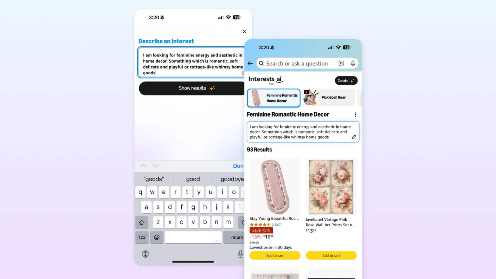 Searching for feminine home decor ideas on phone app.