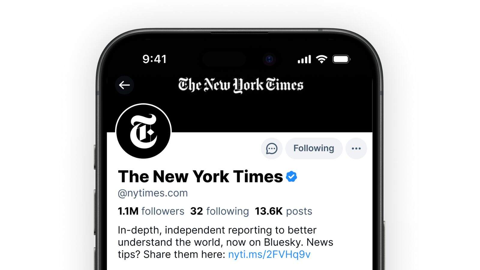 Smartphone displaying The New York Times social media profile.