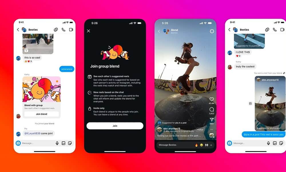 Instagram group blend chat and suggested reels feature.