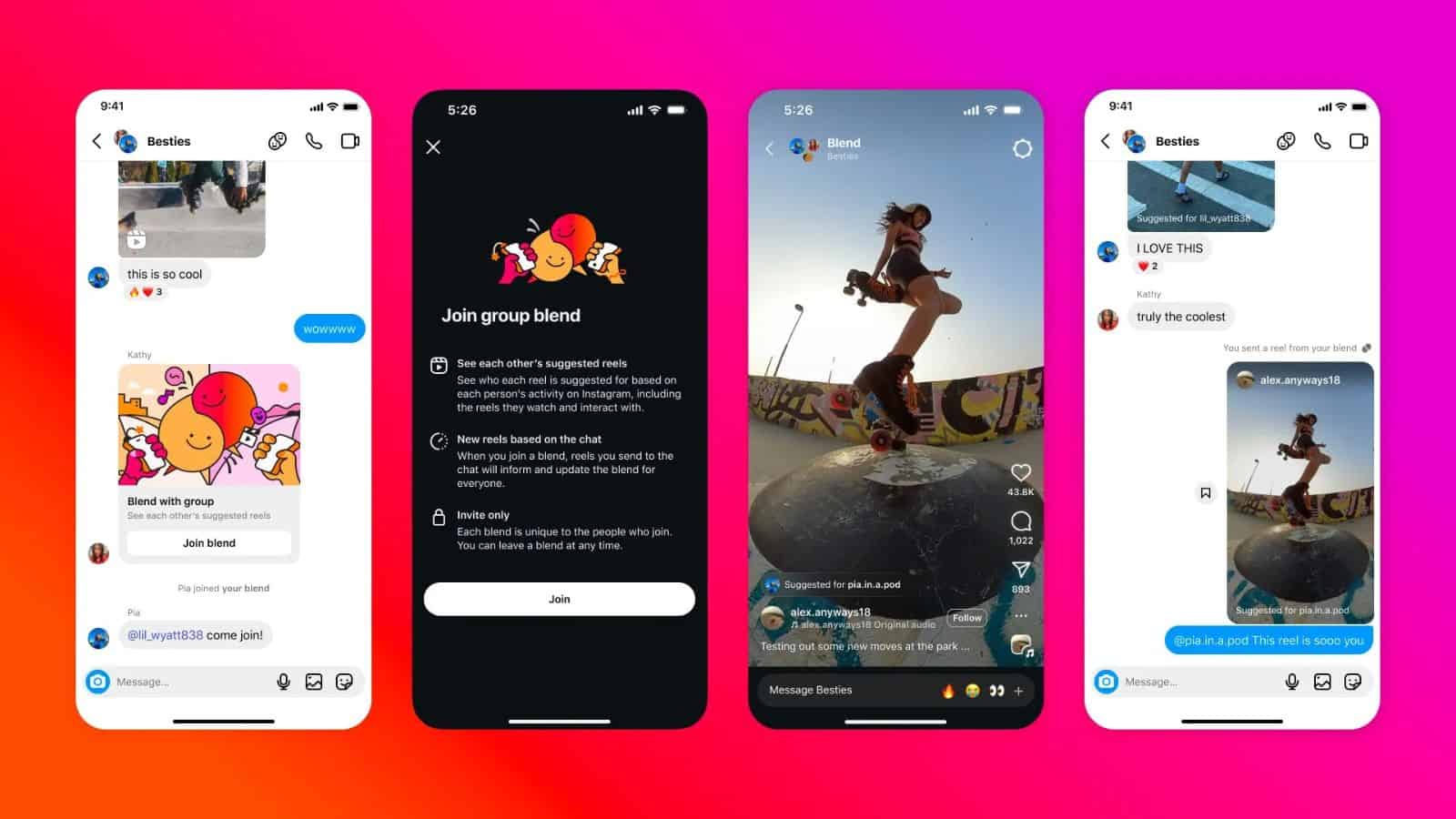 Instagram group blend chat and suggested reels feature.