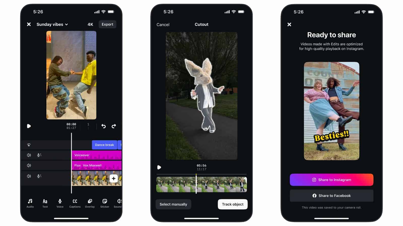 Video editing app interface on smartphone screens.