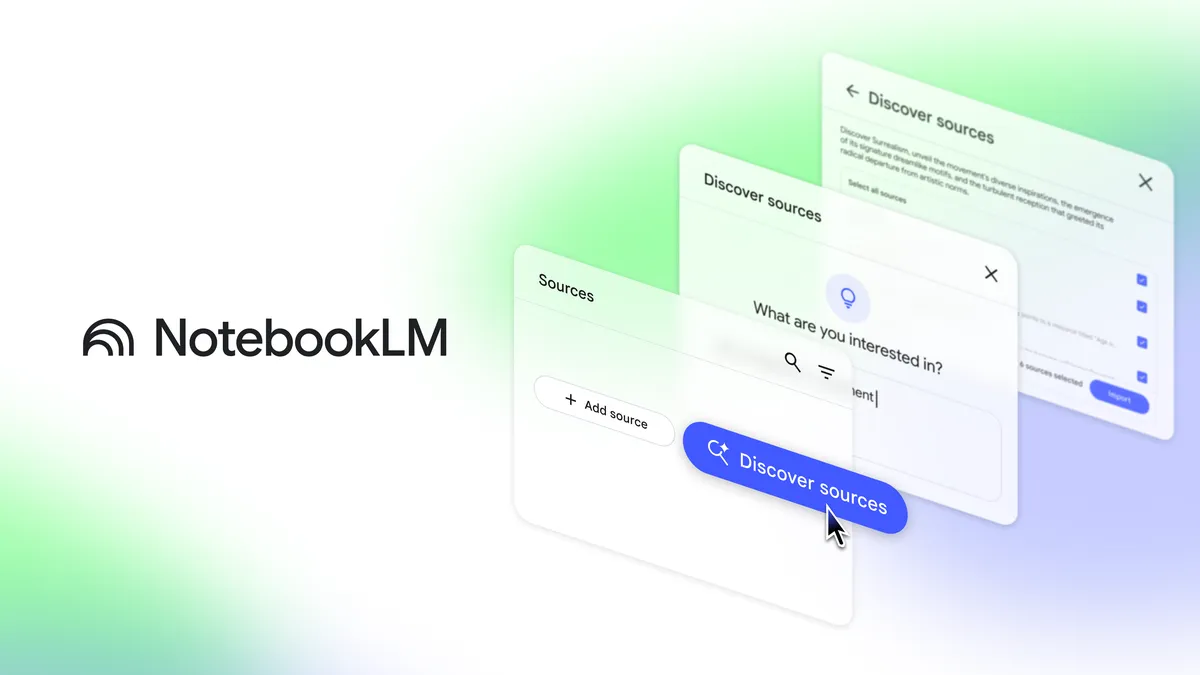NotebookLM interface with discover sources feature