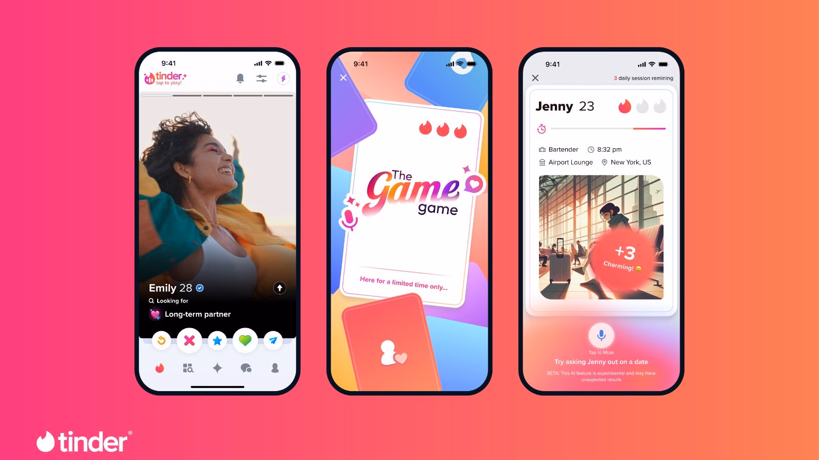 Tinder app interface showcasing profiles and features.