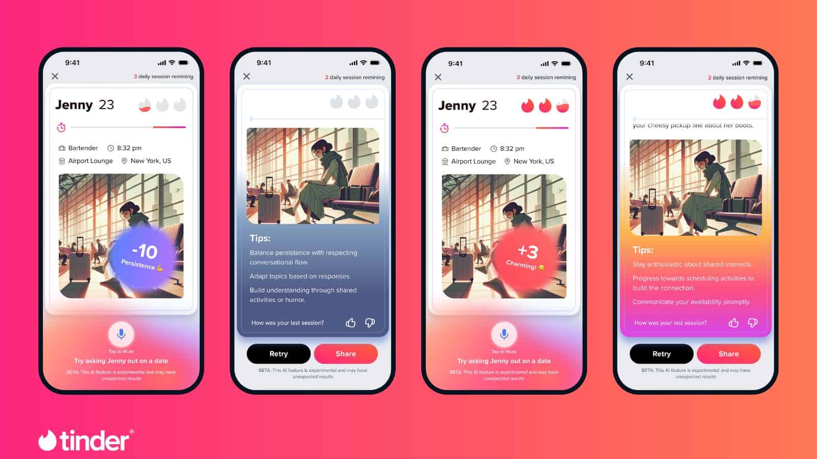 Tinder AI feature with profile and tips displayed.