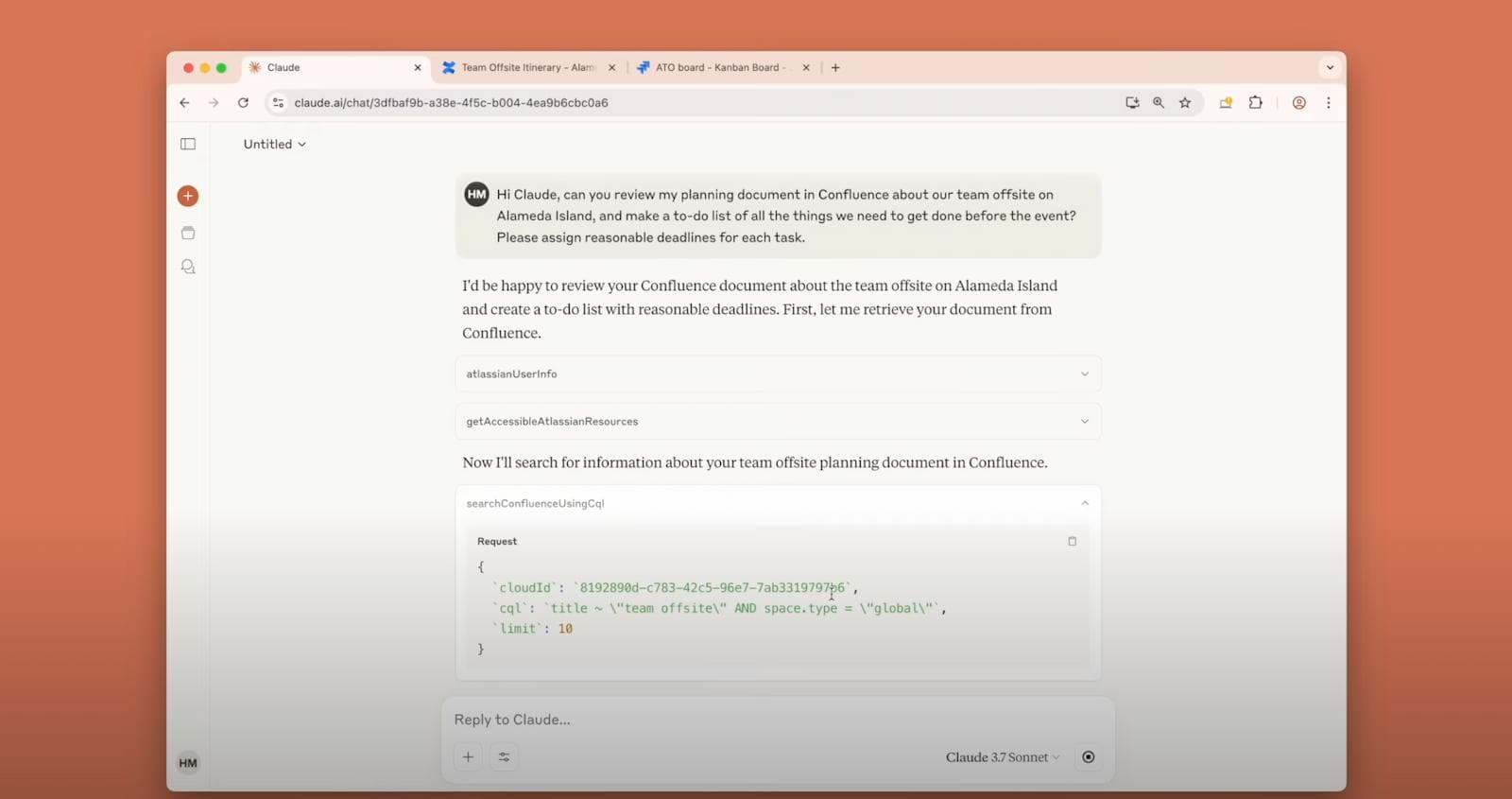 Chat interface discussing team offsite planning in Confluence.