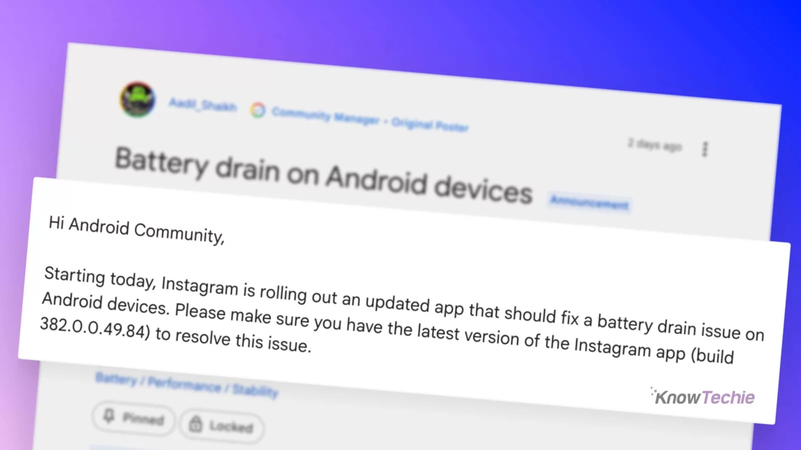 Instagram update fixes Android battery drain issue.