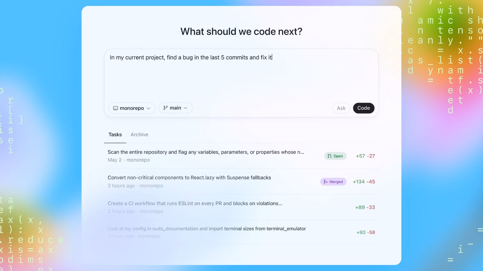 Task management software interface with coding tasks list.