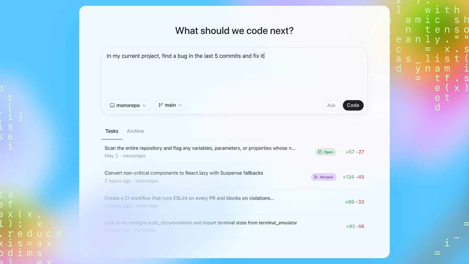 Task management software interface with coding tasks list.