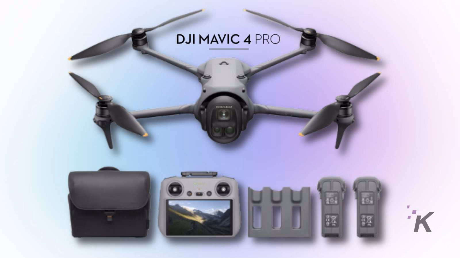DJI Mavic 4 Pro drone with accessories displayed.