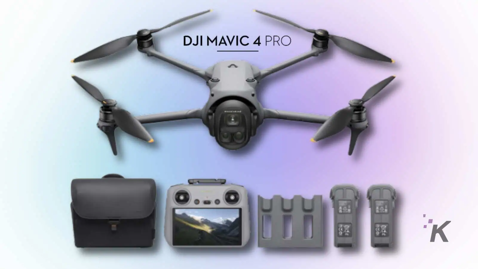 DJI Mavic 4 Pro drone with accessories displayed.