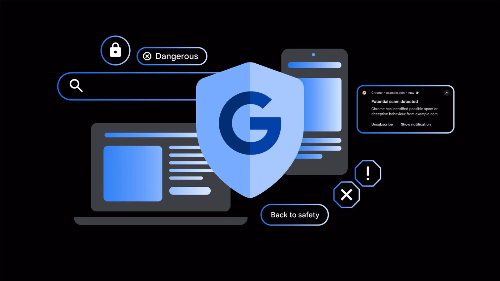 Google warning against online scams and threats.