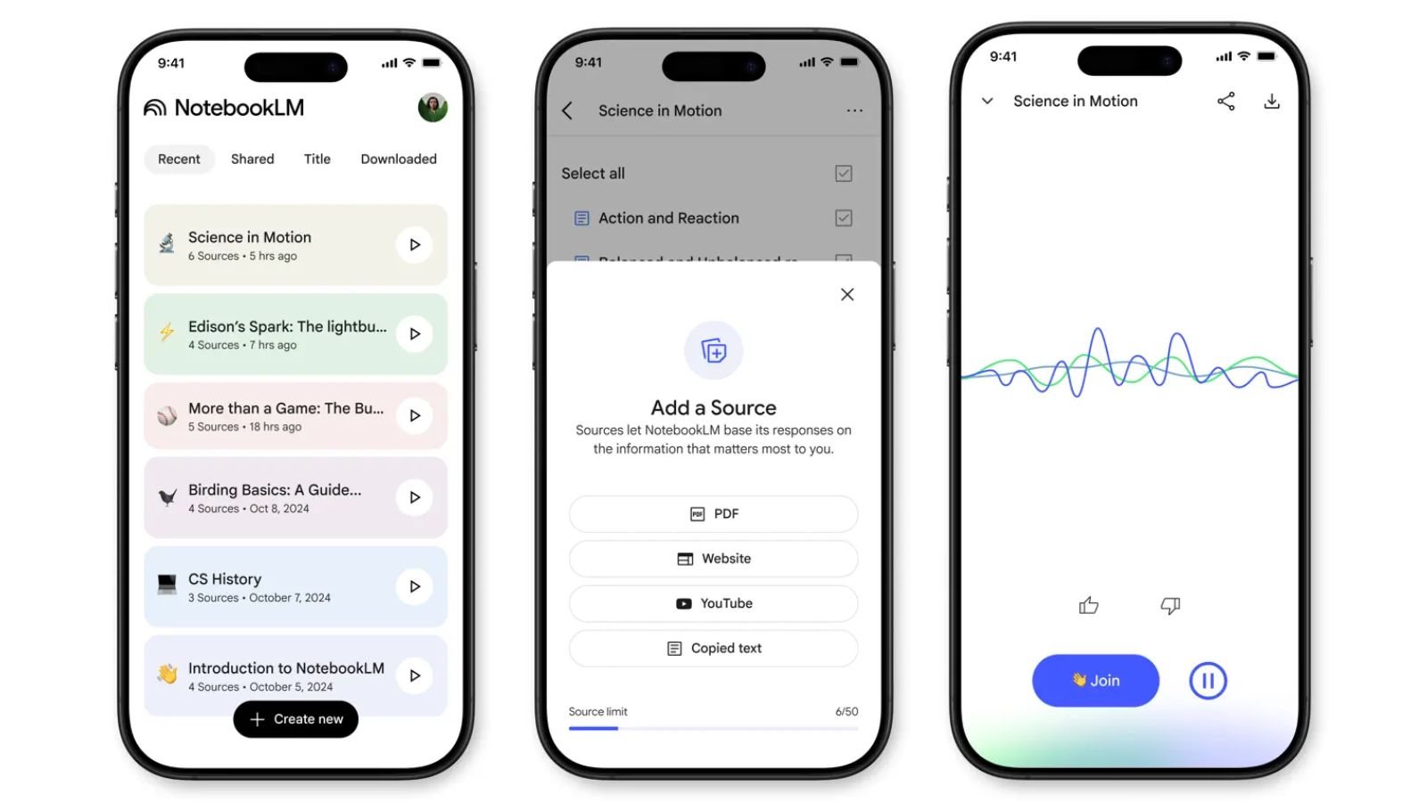 NotebookLM app interface on three phone screens.