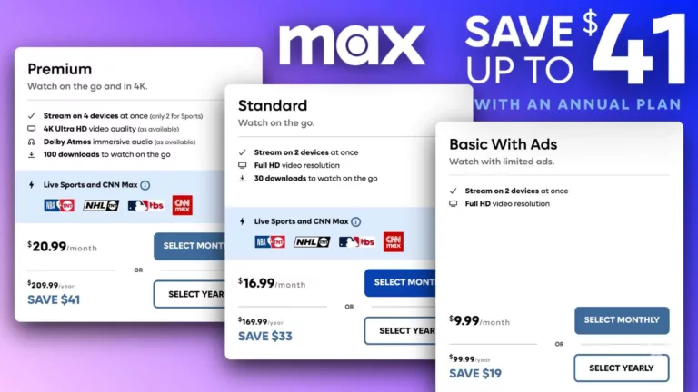 Max streaming plans with pricing and features.