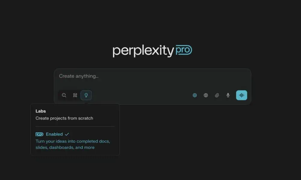 Perplexity Pro interface with Labs feature enabled.