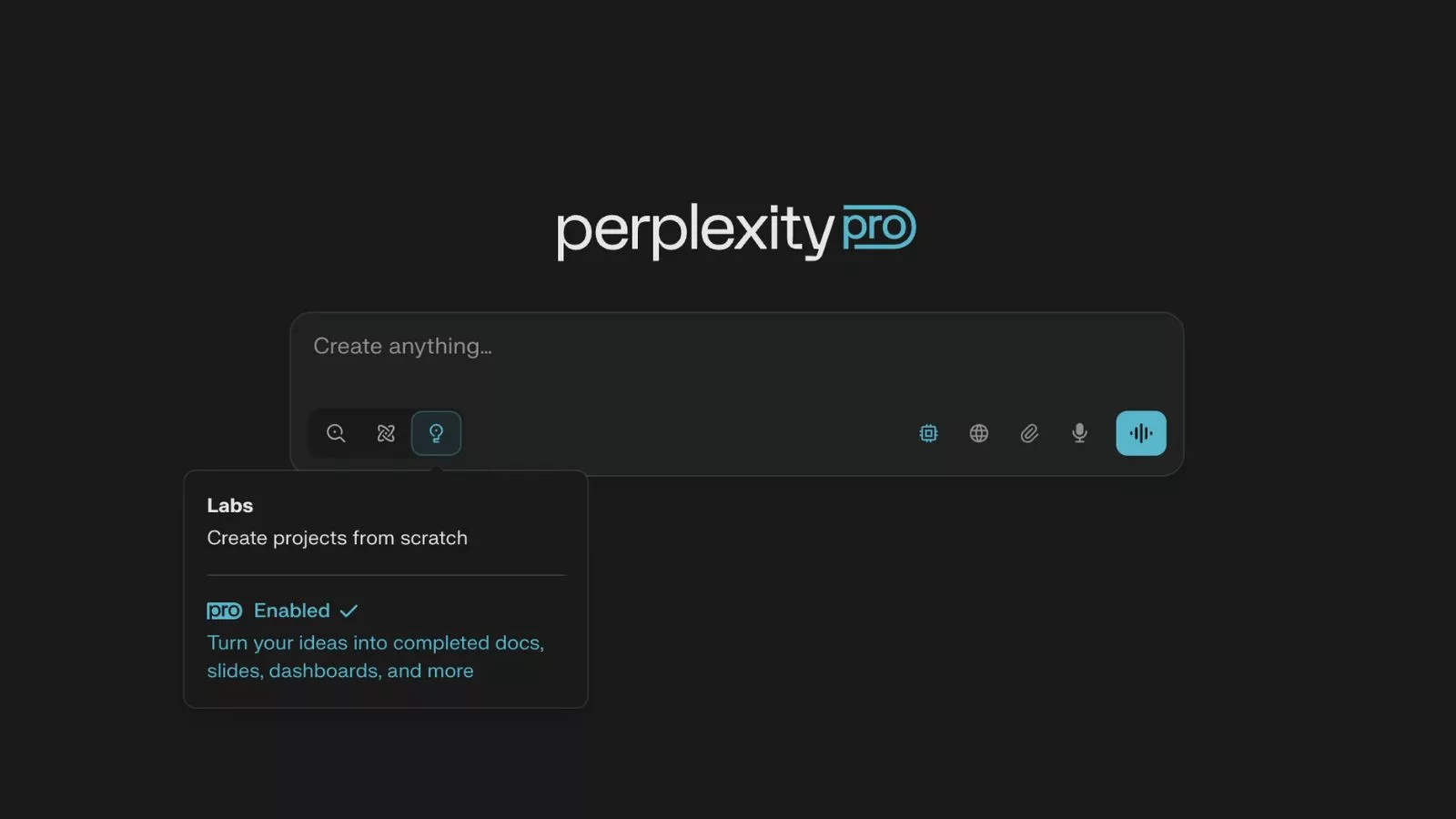Perplexity Pro interface with Labs feature enabled.