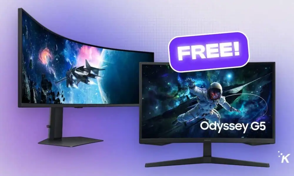 Curved gaming monitors with space-themed screens.