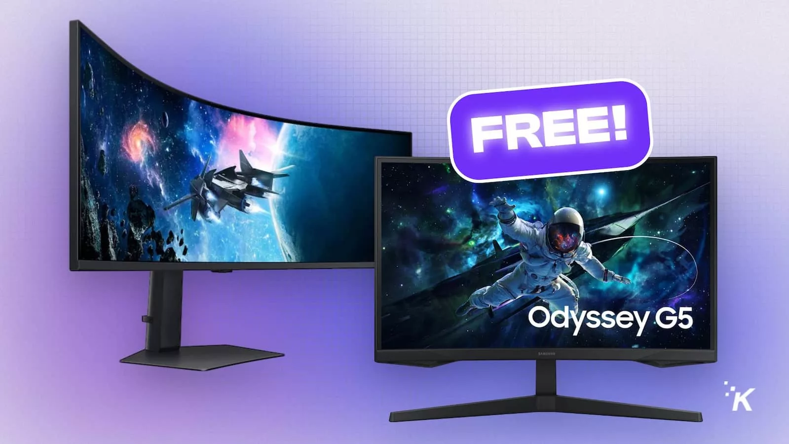 Curved gaming monitors with space-themed screens.
