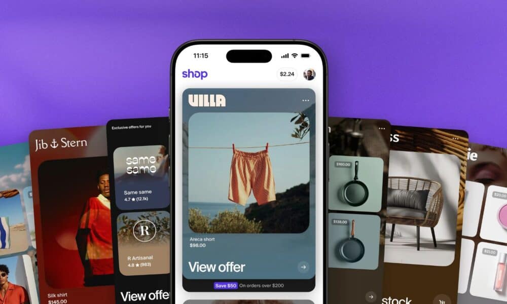Mobile shopping app with various product offers displayed.