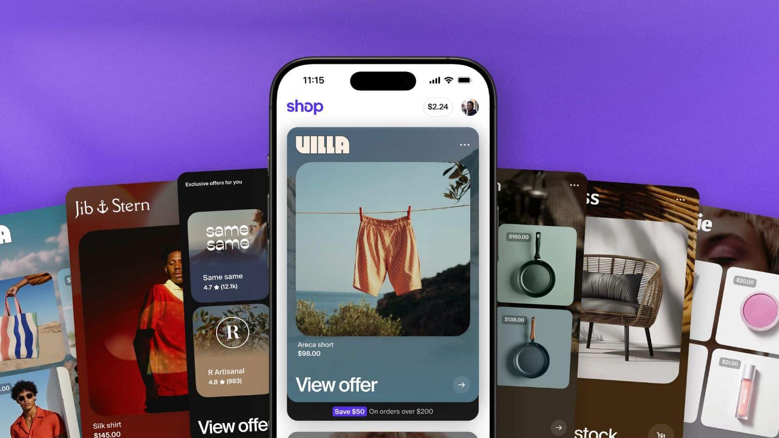 Mobile shopping app with various product offers displayed.