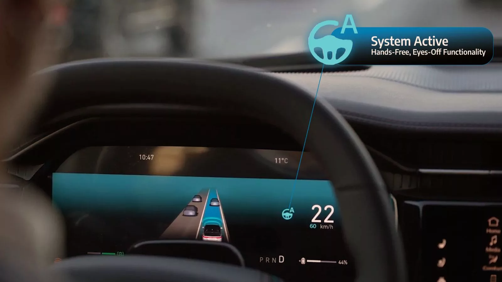Car dashboard showing active hands-free driving.