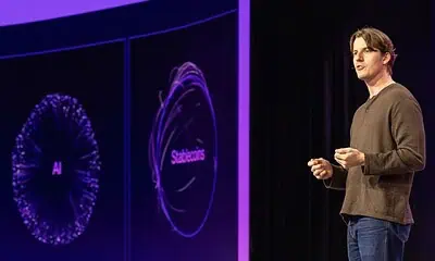 Speaker presenting on AI and Stablecoins technology