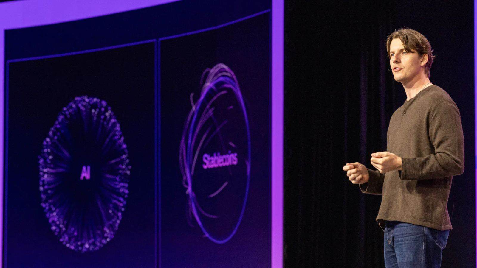Speaker presenting on AI and Stablecoins technology