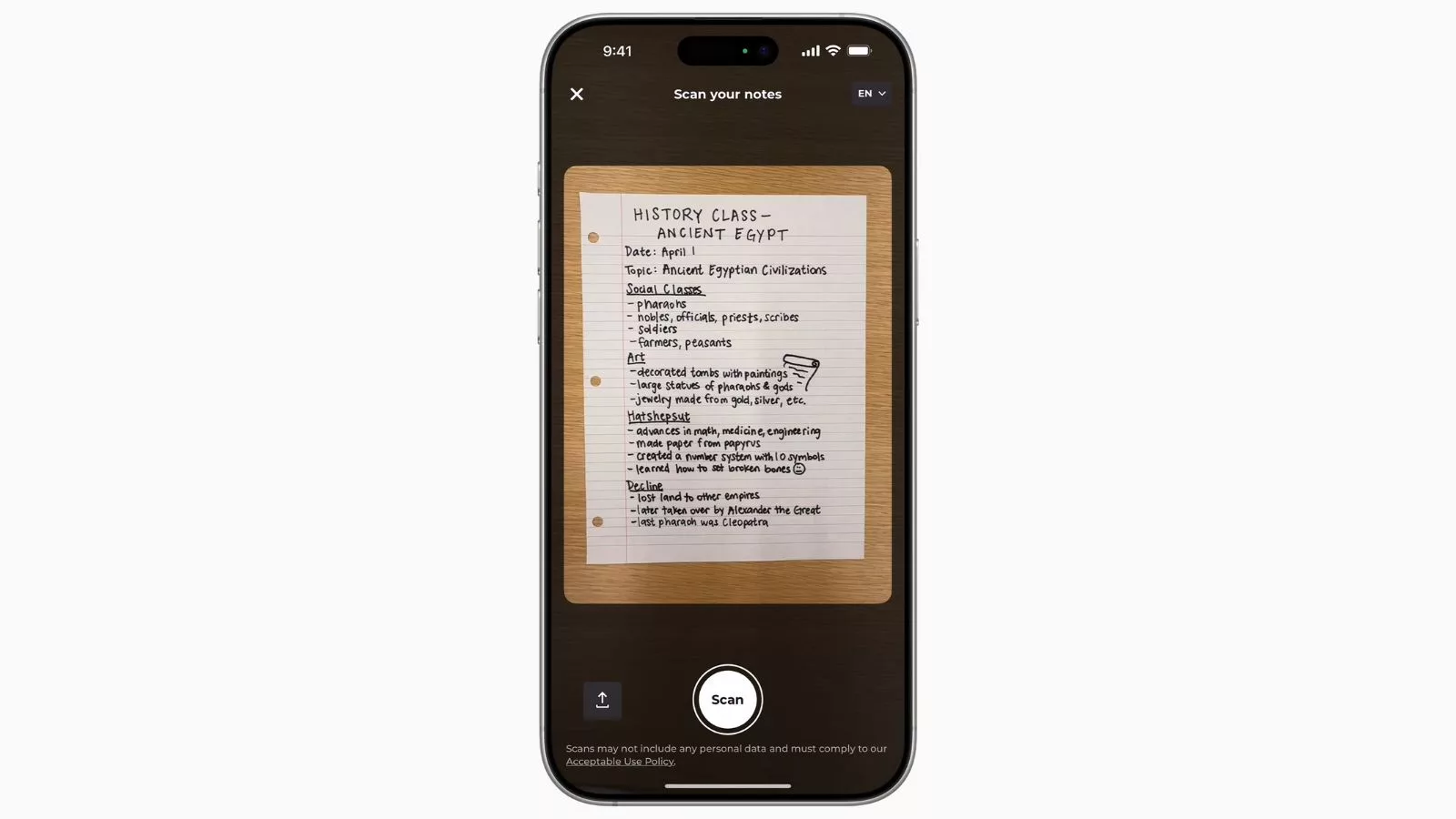 Ancient Egypt notes on iPhone screen.