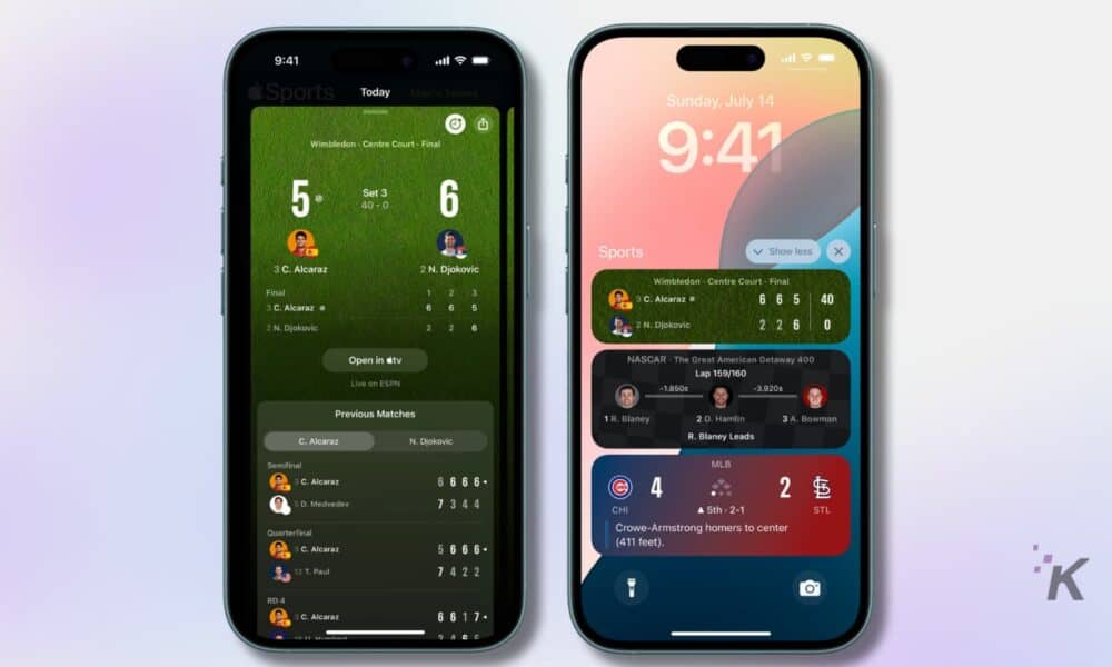 Sports scores on two smartphone screens