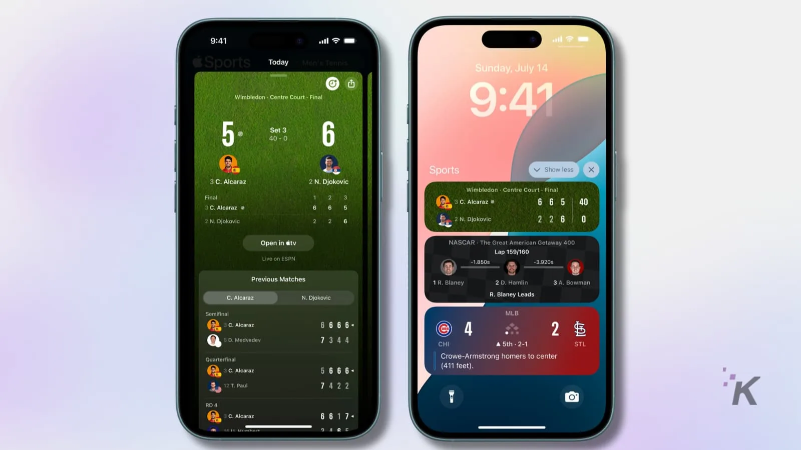 Sports scores on two smartphone screens